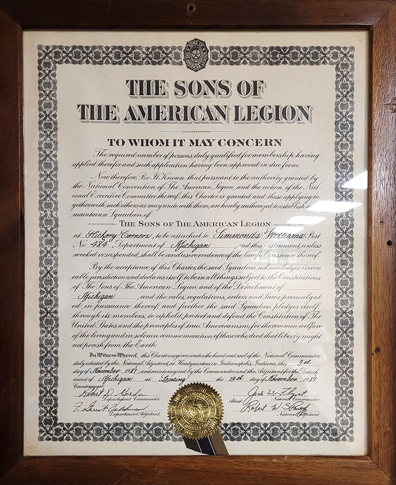 Framed Charter of the Sons of the American Legion Post 484 Hickory Corners, Michigan
